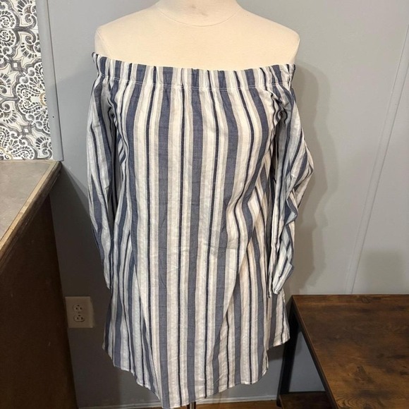 NWT Wrapper Navy Blue White Striped Off-Shoulder Dress Blouse (Women's Small) - Picture 5 of 7